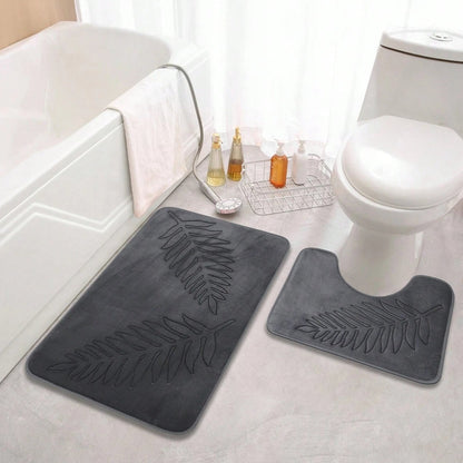 Bath Mat Set with Anti-Slip Backing and Embossed Leaf Design, 2-Piece