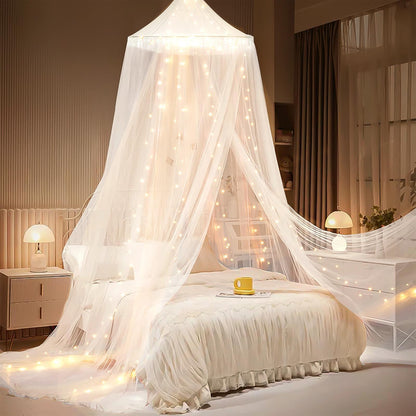 Bed Canopy with LED Fairy Lights and Round Hanging Ring