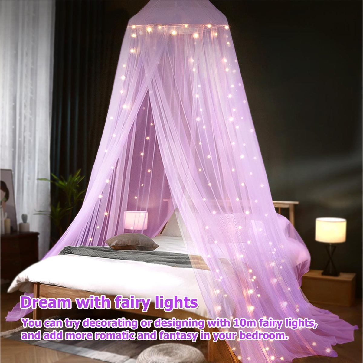 Bed Canopy with LED Fairy Lights and Round Hanging Ring