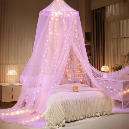 Bed Canopy with LED Fairy Lights and Round Hanging Ring