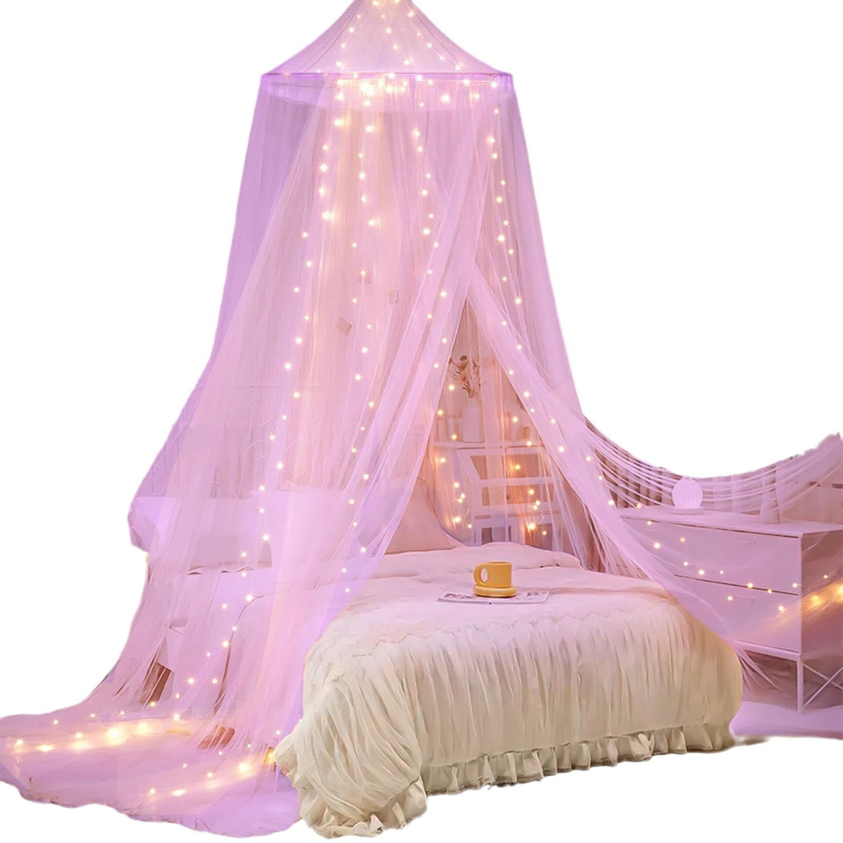 Bed Canopy with LED Fairy Lights and Round Hanging Ring
