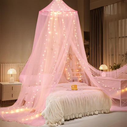 Bed Canopy with LED Fairy Lights and Round Hanging Ring