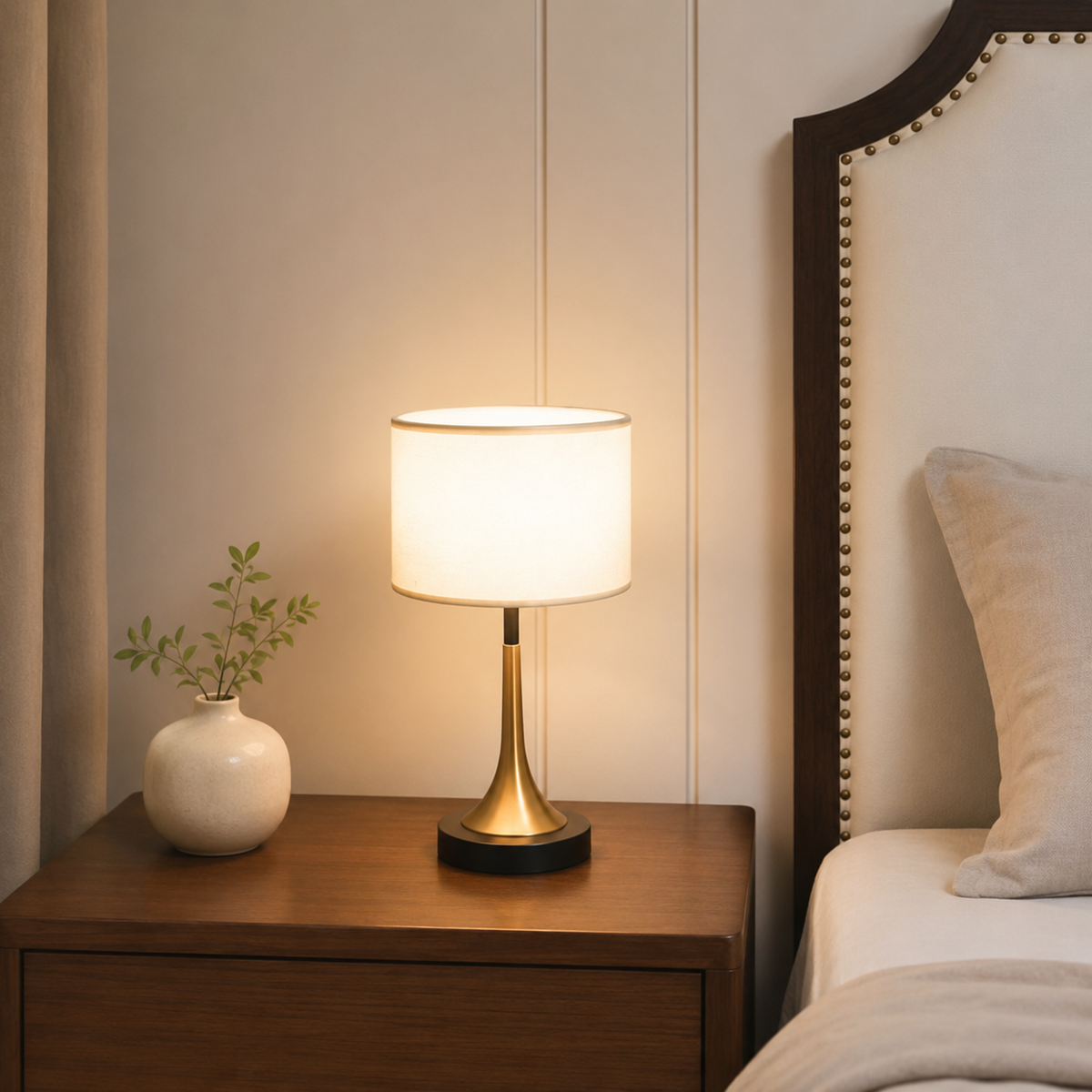 Bedside Table Lamp Retro Style with Touch Sensor and Drum Shade