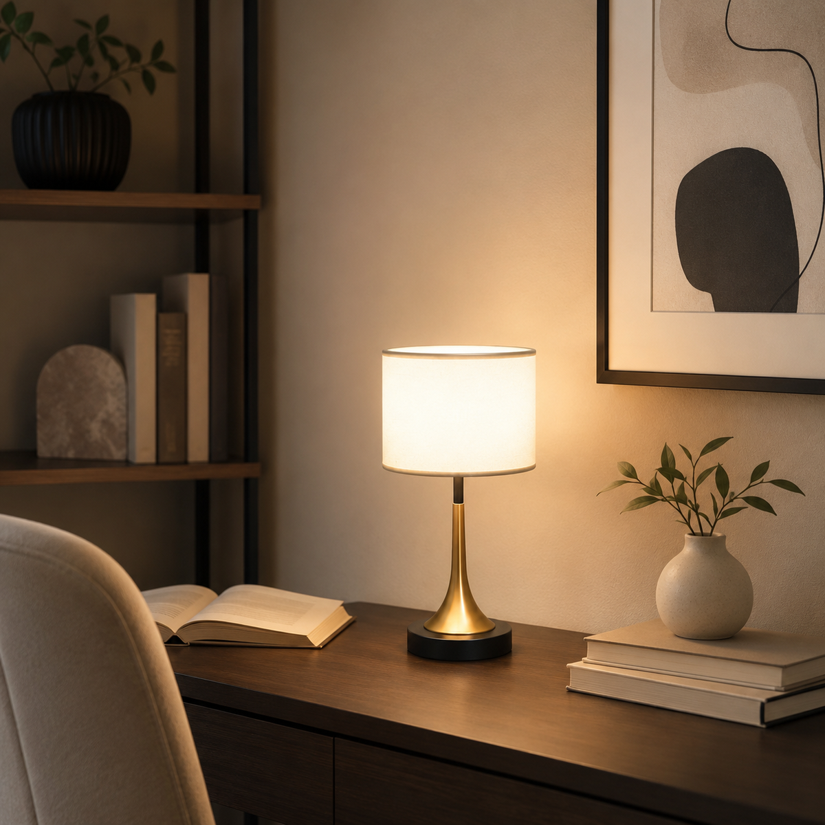 Bedside Table Lamp Retro Style with Touch Sensor and Drum Shade