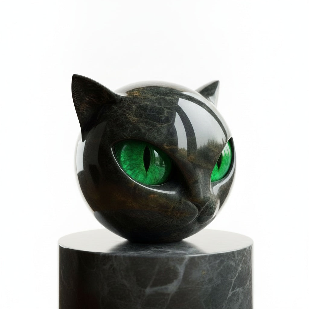 Black Cat Head Sculpture Decorative Figurine with Glowing Eyes