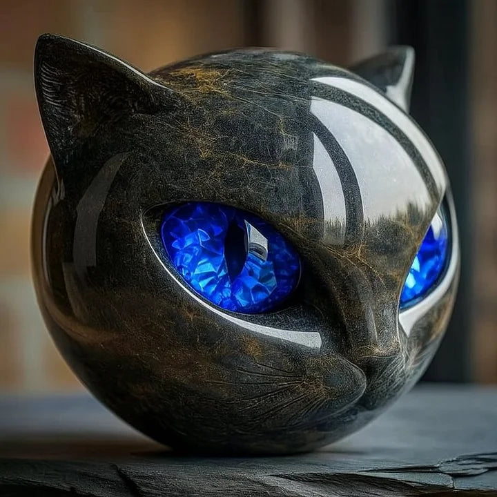 Black Cat Head Sculpture Decorative Figurine with Glowing Eyes
