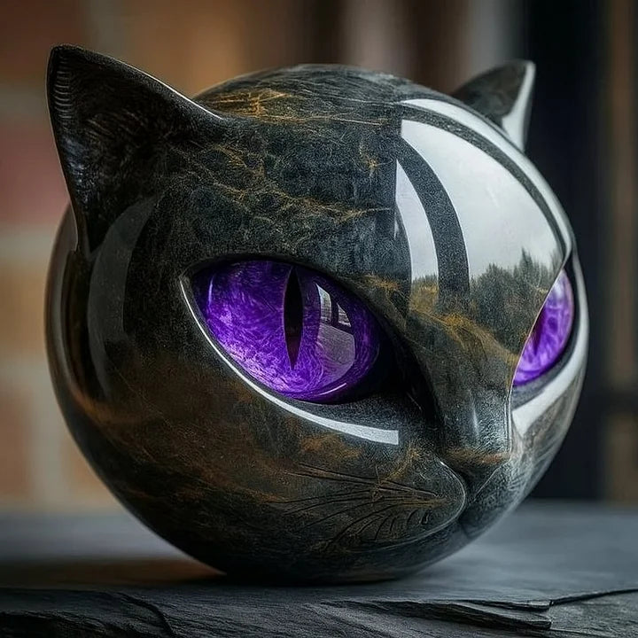 Black Cat Head Sculpture Decorative Figurine with Glowing Eyes