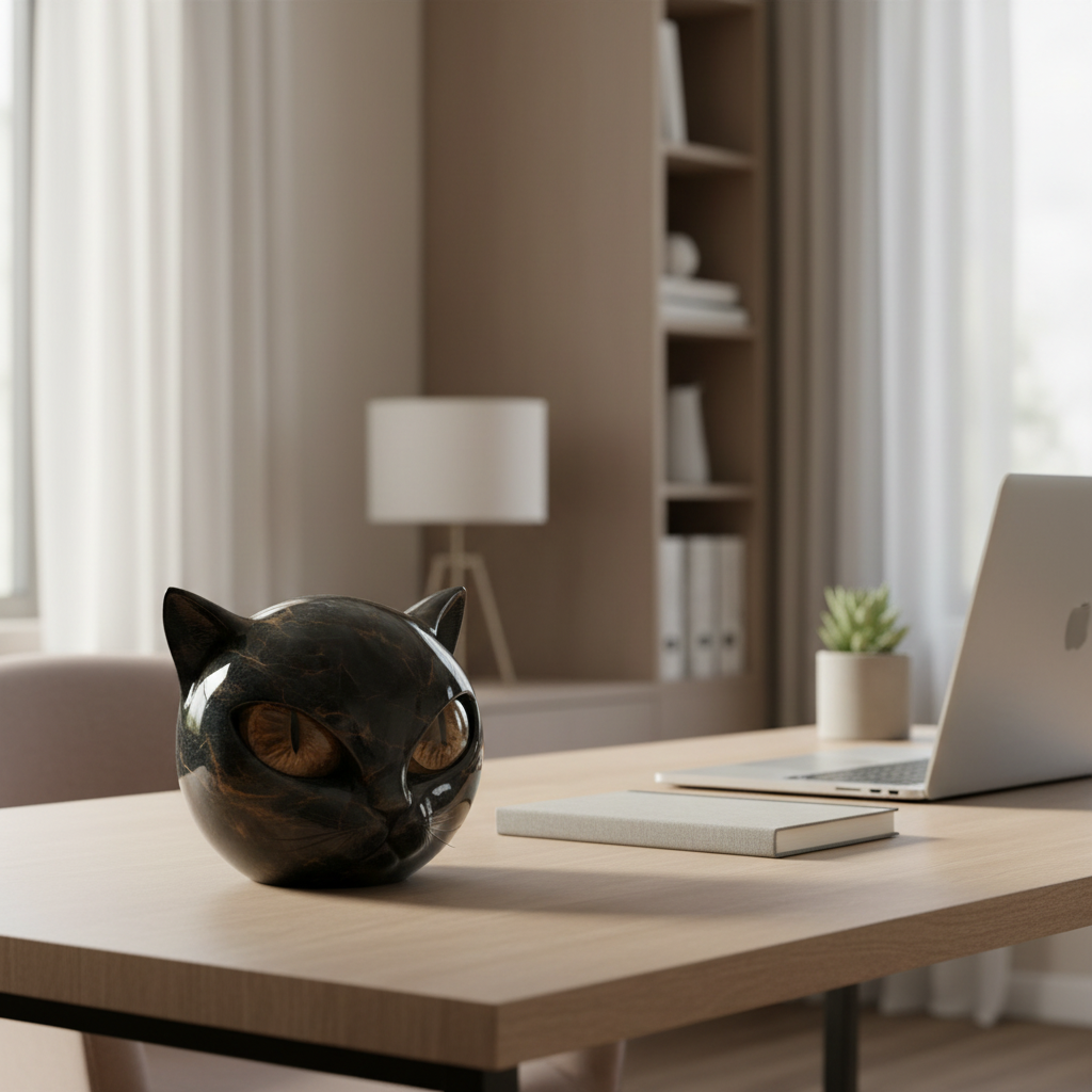 Black Cat Head Sculpture Decorative Figurine with Glowing Eyes