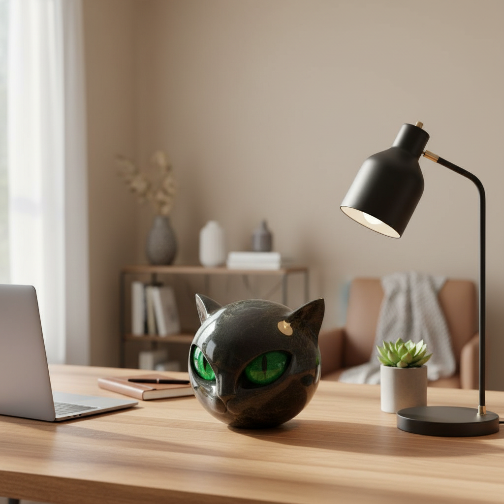 Black Cat Head Sculpture Decorative Figurine with Glowing Eyes
