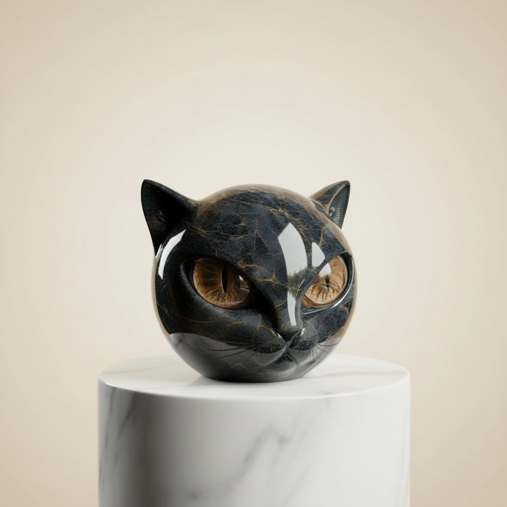 Black Cat Head Sculpture Decorative Figurine with Glowing Eyes