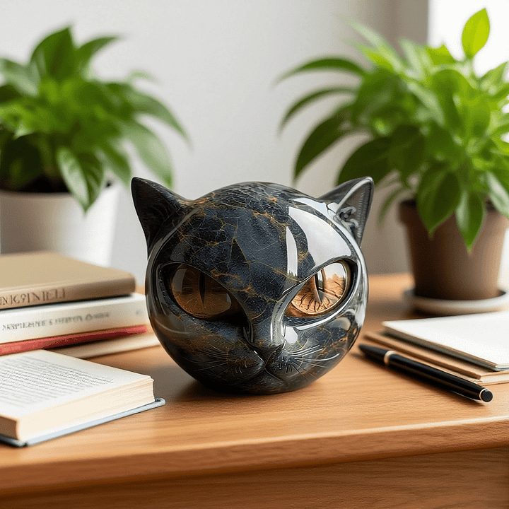 Black Cat Head Sculpture Decorative Figurine with Glowing Eyes
