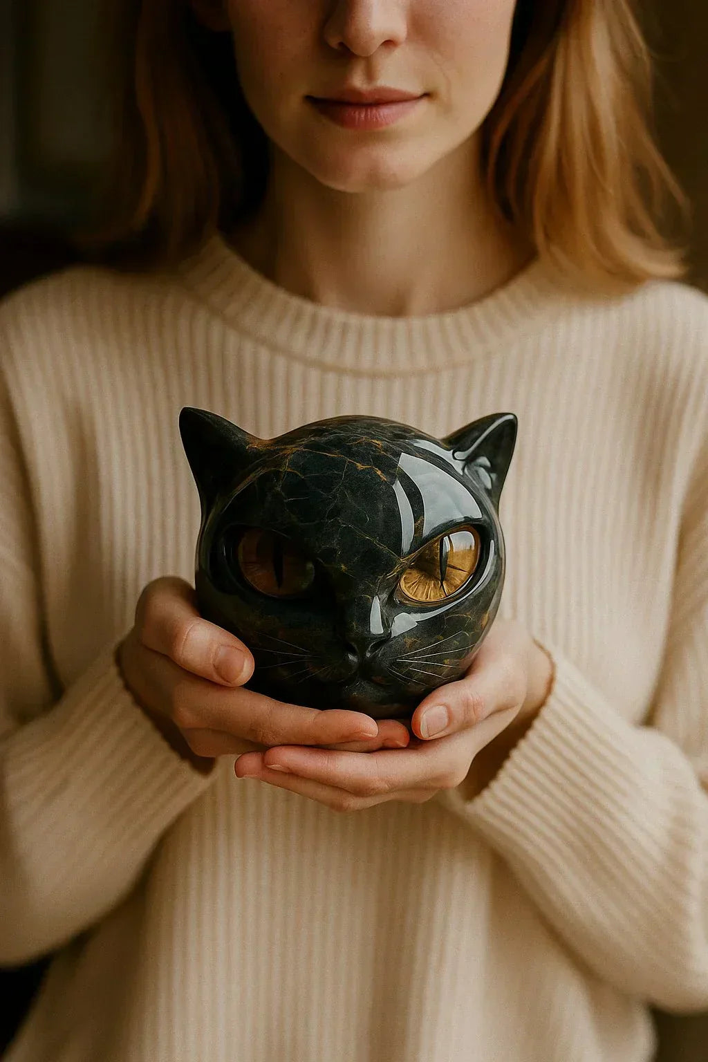 Black Cat Head Sculpture Decorative Figurine with Glowing Eyes