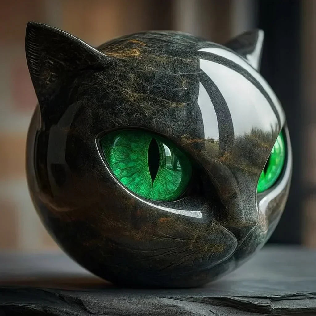 Black Cat Head Sculpture Decorative Figurine with Glowing Eyes