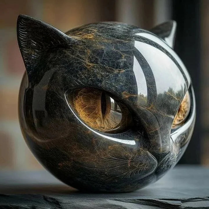 Black Cat Head Sculpture Decorative Figurine with Glowing Eyes