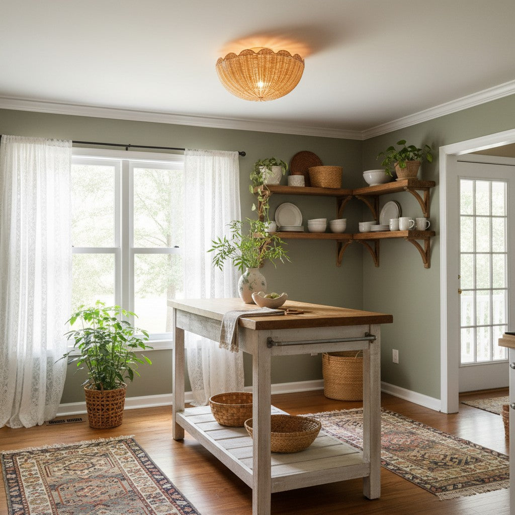 Bohemian Rattan Flush Mount Ceiling Light with Scalloped Dome Shade