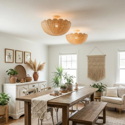Bohemian Rattan Flush Mount Ceiling Light with Scalloped Dome Shade
