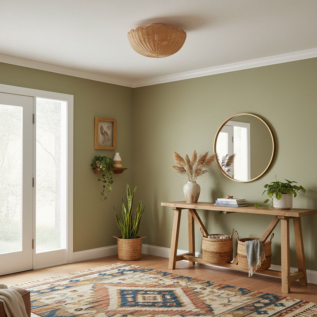 Bohemian Rattan Flush Mount Ceiling Light with Scalloped Dome Shade