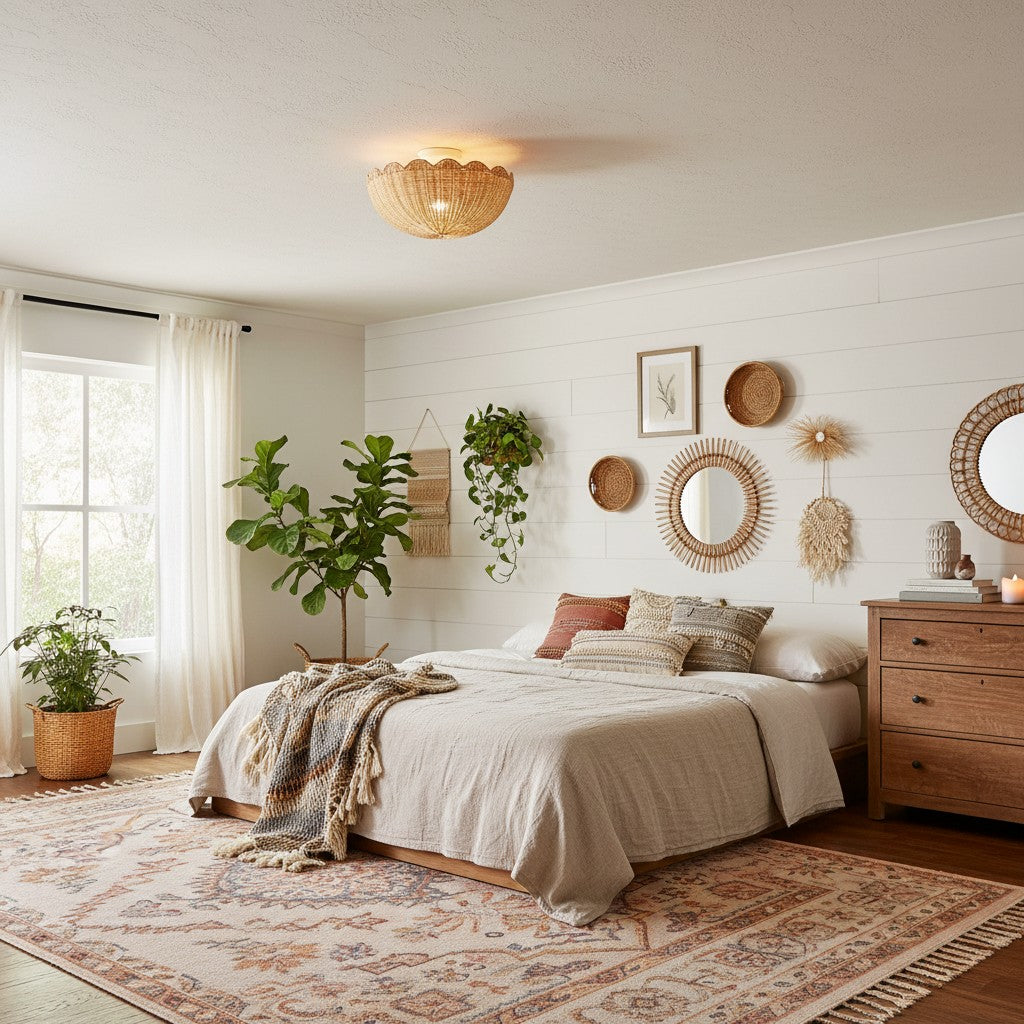 Bohemian Rattan Flush Mount Ceiling Light with Scalloped Dome Shade