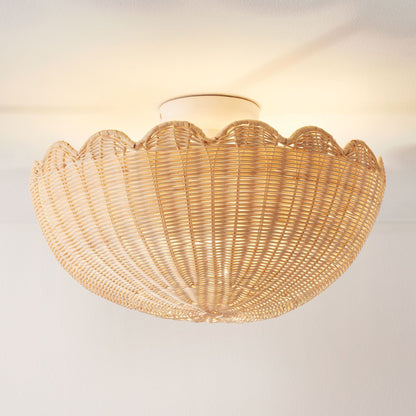 Bohemian Rattan Flush Mount Ceiling Light with Scalloped Dome Shade