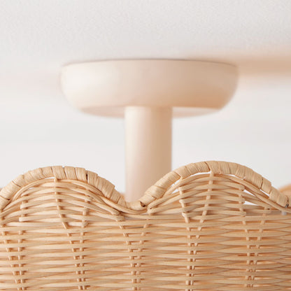 Bohemian Rattan Flush Mount Ceiling Light with Scalloped Dome Shade