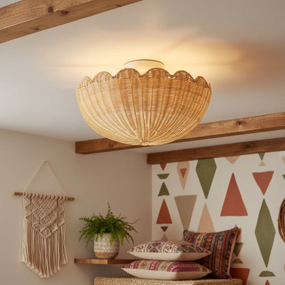 Bohemian Rattan Flush Mount Ceiling Light with Scalloped Dome Shade