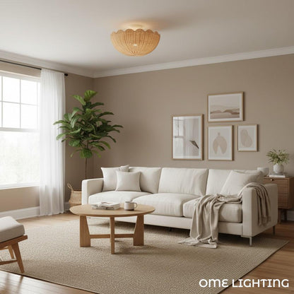 Bohemian Rattan Flush Mount Ceiling Light with Scalloped Dome Shade