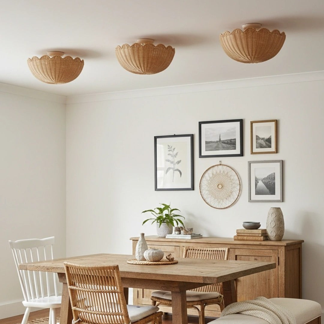 Bohemian Rattan Flush Mount Ceiling Light with Scalloped Dome Shade