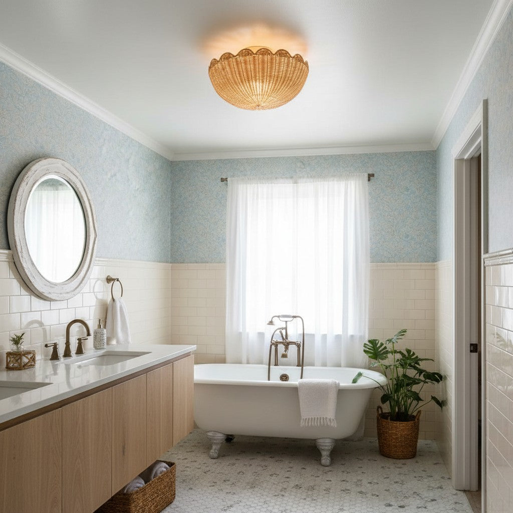 Bohemian Rattan Flush Mount Ceiling Light with Scalloped Dome Shade