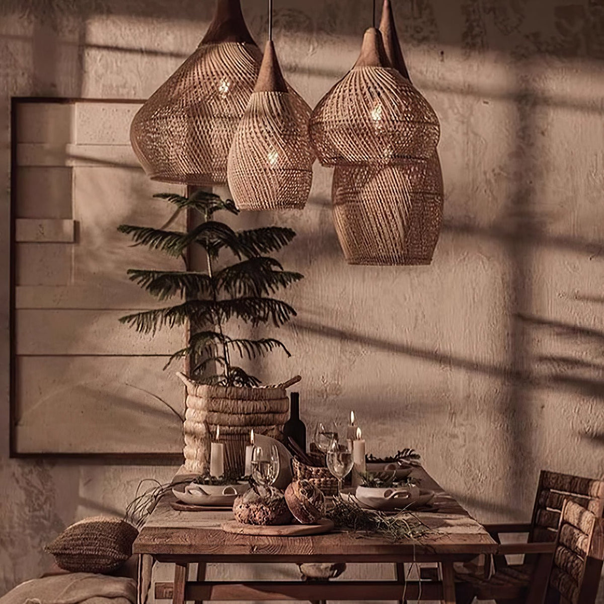 Bohemian Woven Rattan Pendant Lamp with Wood Top and Open Weave Shade