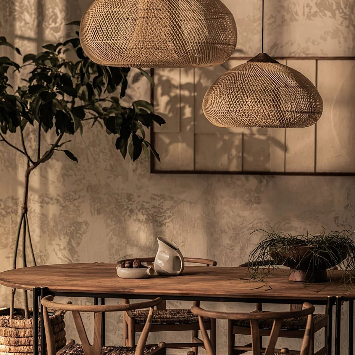 Bohemian Woven Rattan Pendant Lamp with Wood Top and Open Weave Shade