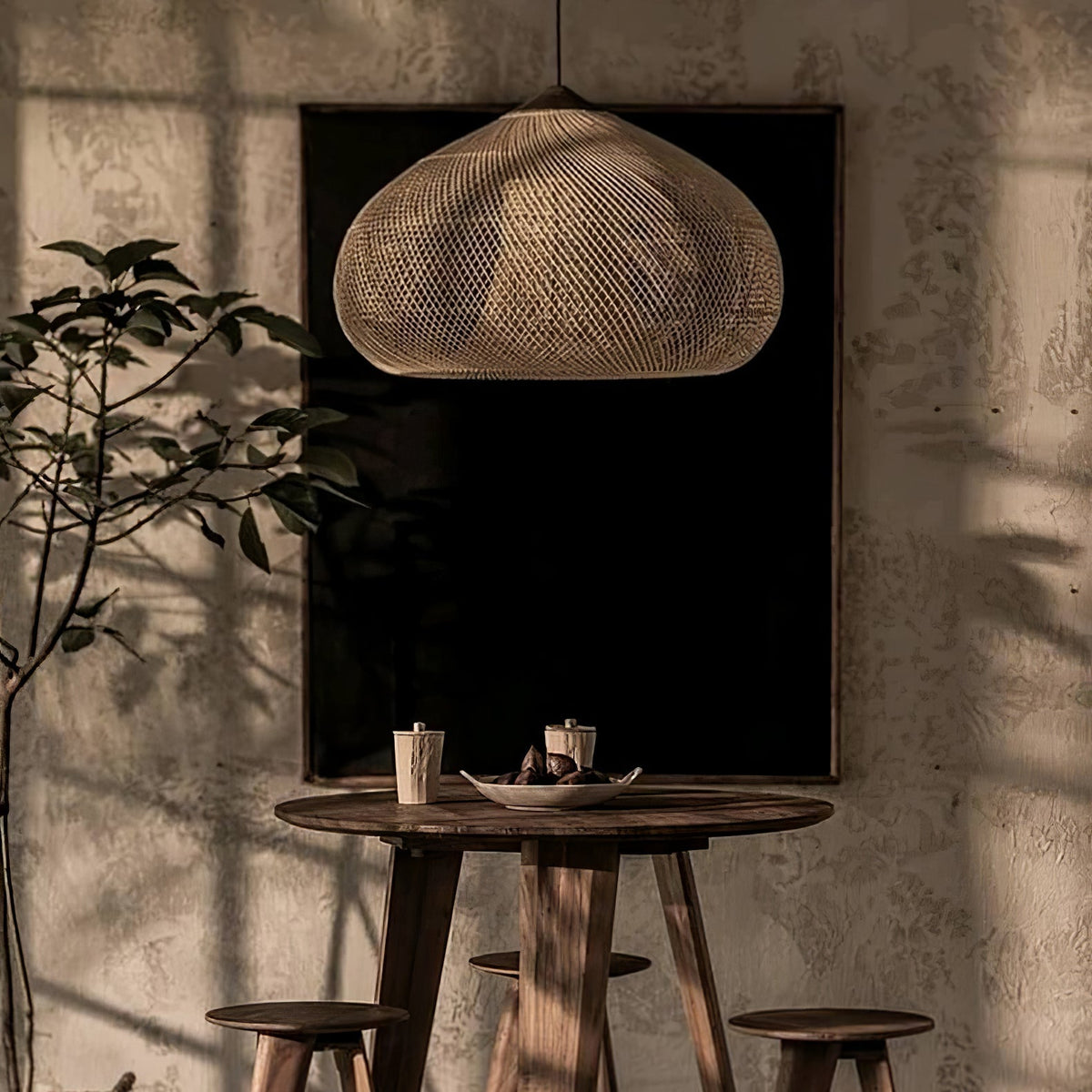 Bohemian Woven Rattan Pendant Lamp with Wood Top and Open Weave Shade