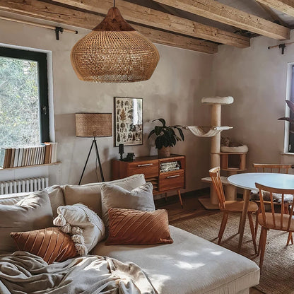 Bohemian Woven Rattan Pendant Lamp with Wood Top and Open Weave Shade