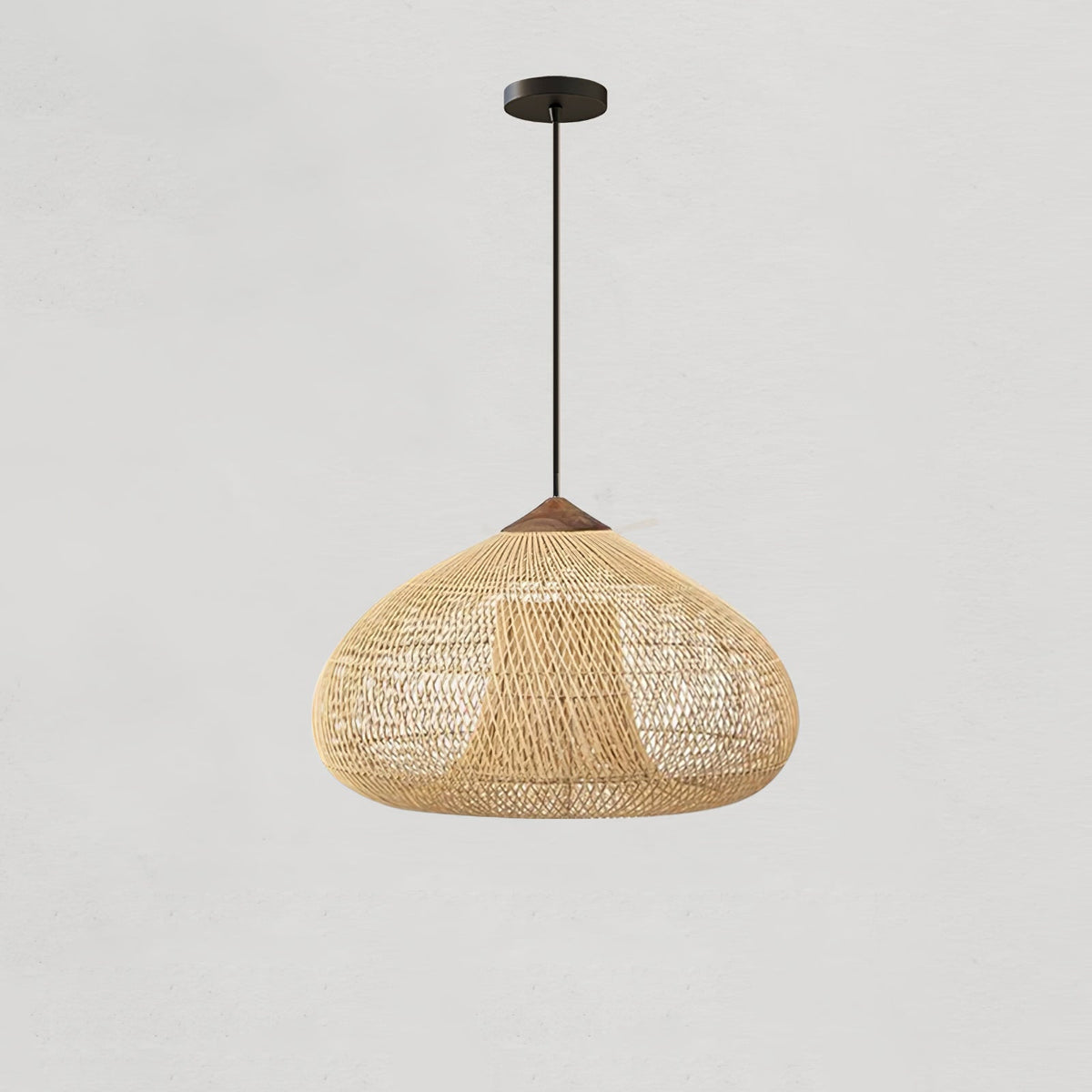 Bohemian Woven Rattan Pendant Lamp with Wood Top and Open Weave Shade
