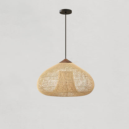 Bohemian Woven Rattan Pendant Lamp with Wood Top and Open Weave Shade