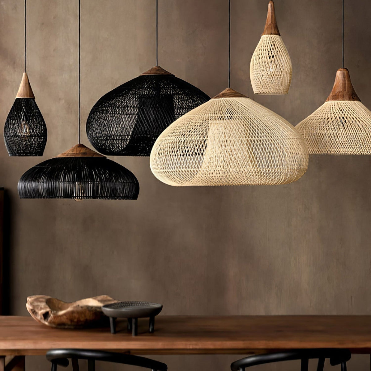 Bohemian Woven Rattan Pendant Lamp with Wood Top and Open Weave Shade