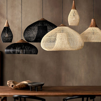Bohemian Woven Rattan Pendant Lamp with Wood Top and Open Weave Shade