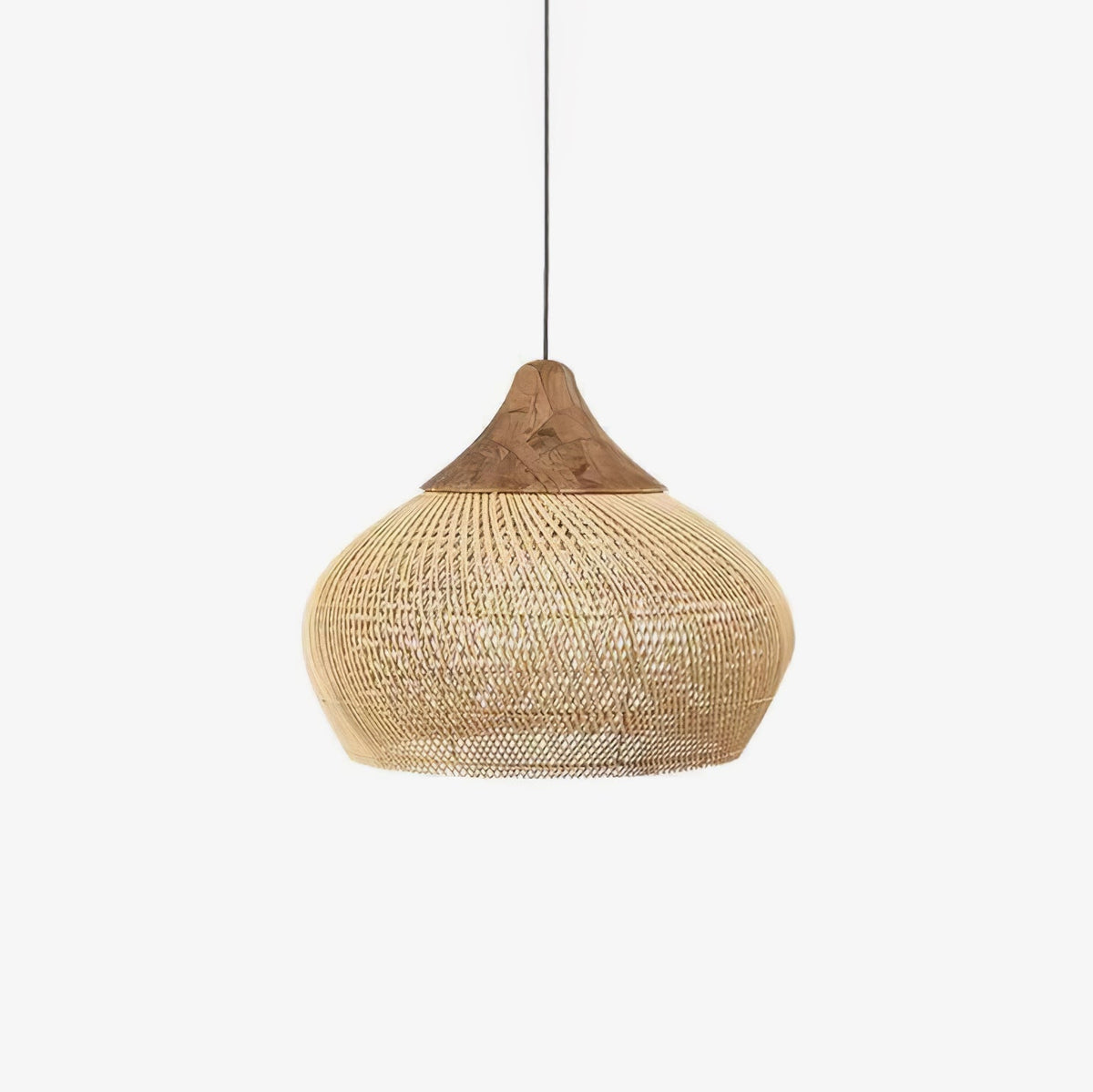 Bohemian Woven Rattan Pendant Lamp with Wood Top and Open Weave Shade