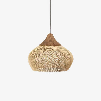 Bohemian Woven Rattan Pendant Lamp with Wood Top and Open Weave Shade