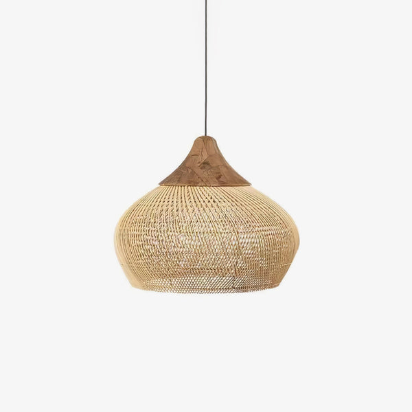 Bohemian Woven Rattan Pendant Lamp with Wood Top and Open Weave Shade