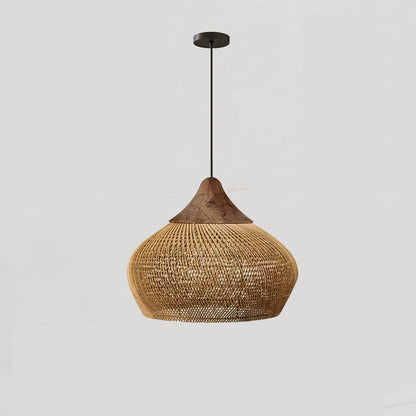 Bohemian Woven Rattan Pendant Lamp with Wood Top and Open Weave Shade