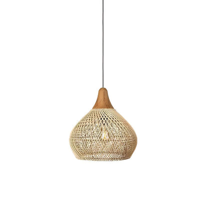Bohemian Woven Rattan Pendant Lamp with Wood Top and Open Weave Shade