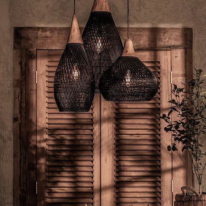 Bohemian Woven Rattan Pendant Lamp with Wood Top and Open Weave Shade