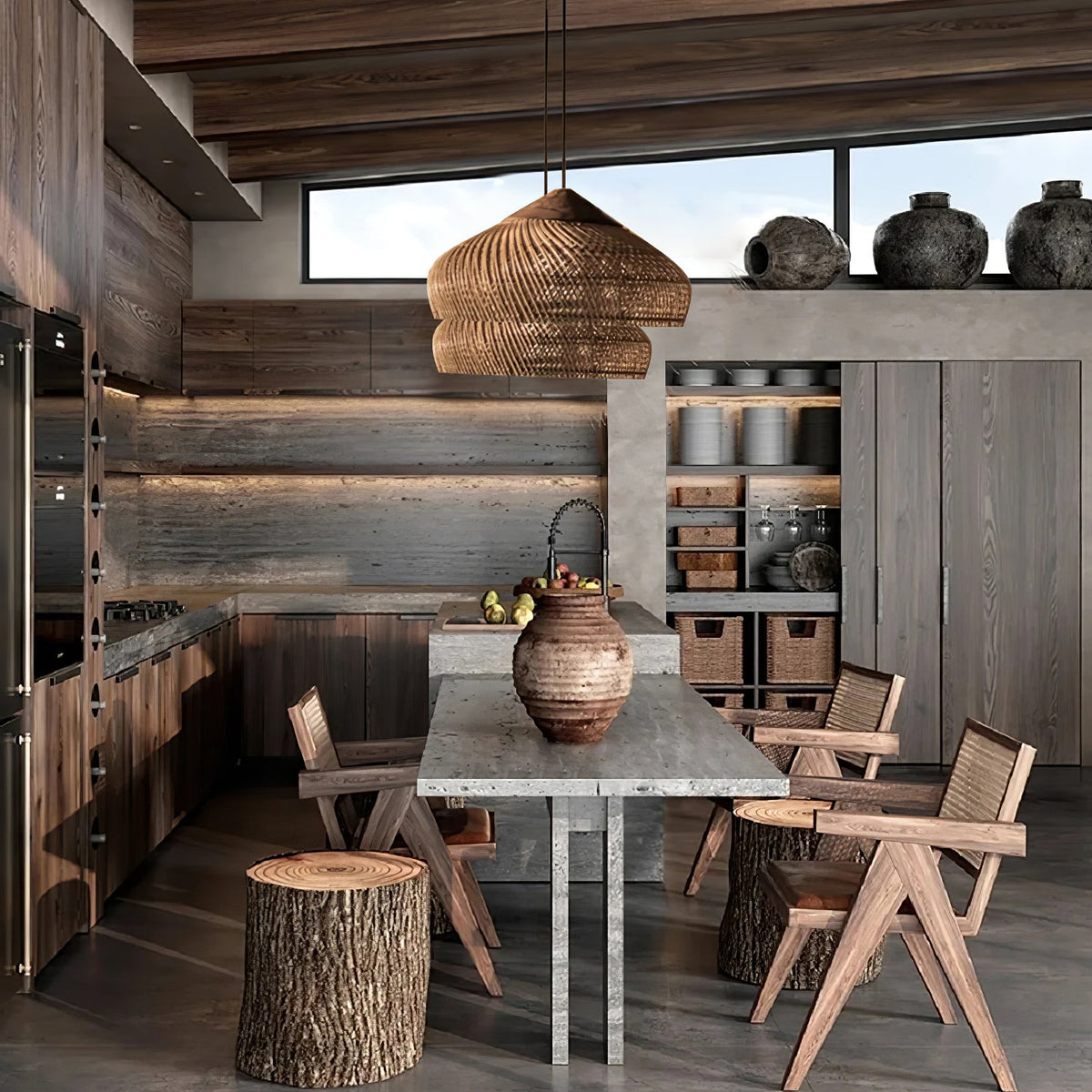 Bohemian Woven Rattan Pendant Lamp with Wood Top and Open Weave Shade