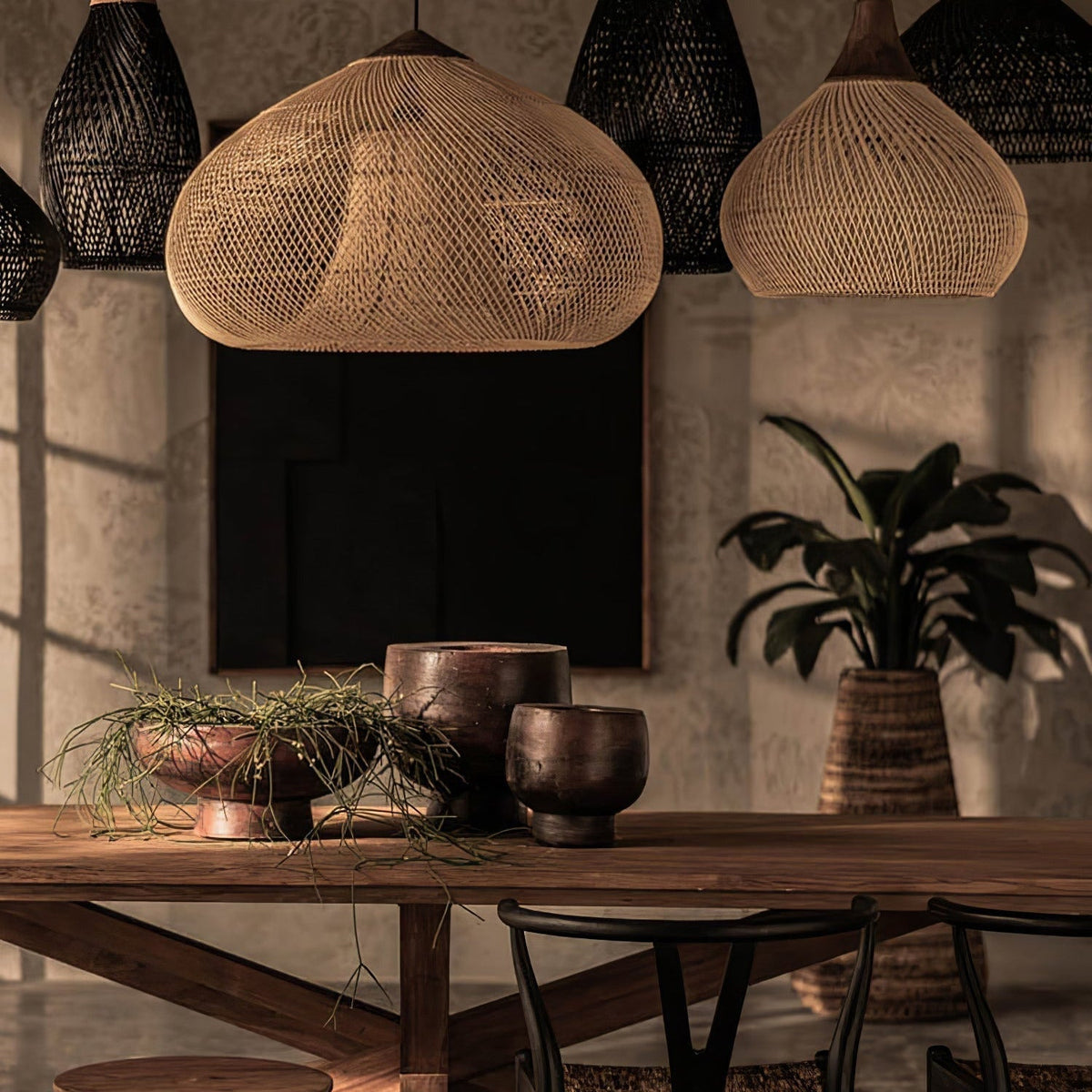 Bohemian Woven Rattan Pendant Lamp with Wood Top and Open Weave Shade