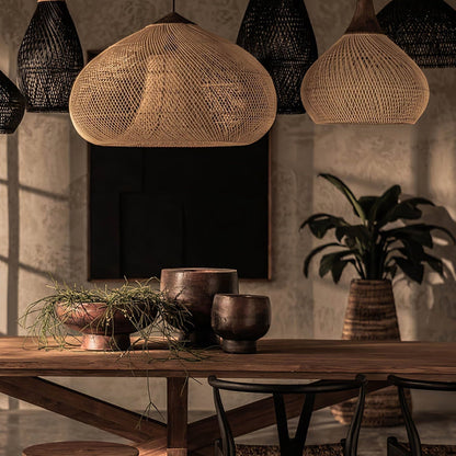 Bohemian Woven Rattan Pendant Lamp with Wood Top and Open Weave Shade