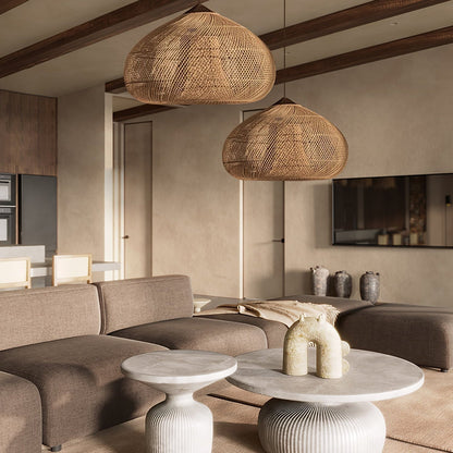 Bohemian Woven Rattan Pendant Lamp with Wood Top and Open Weave Shade