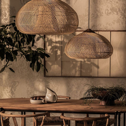 Bohemian Woven Rattan Pendant Lamp with Wood Top and Open Weave Shade