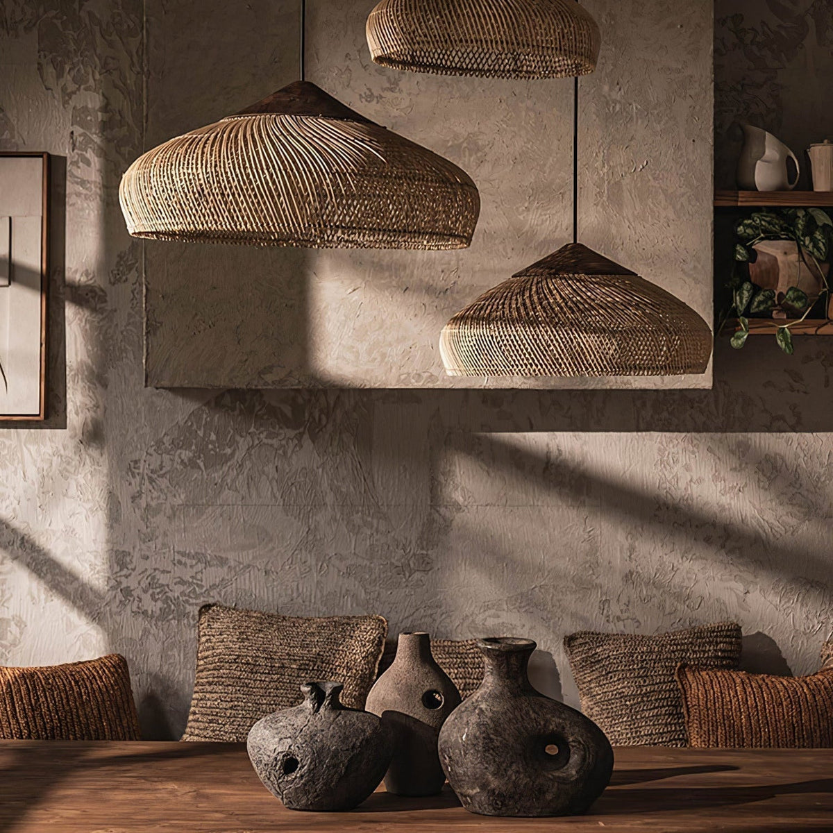 Bohemian Woven Rattan Pendant Lamp with Wood Top and Open Weave Shade