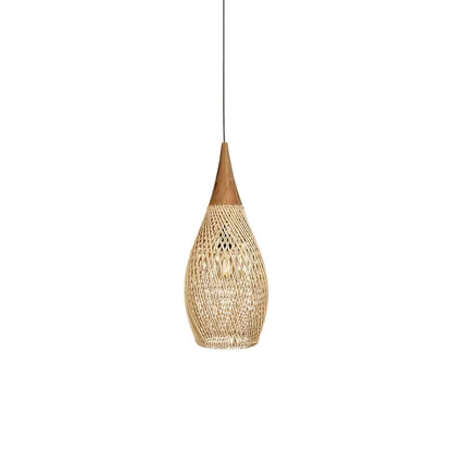 Bohemian Woven Rattan Pendant Lamp with Wood Top and Open Weave Shade