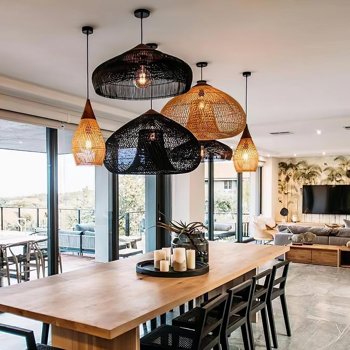 Bohemian Woven Rattan Pendant Lamp with Wood Top and Open Weave Shade